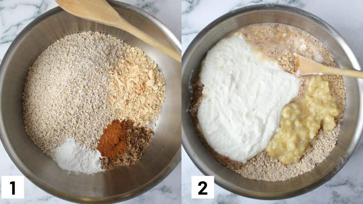 Two side by side images showing how to prepare the pancake batter for the recipe. 