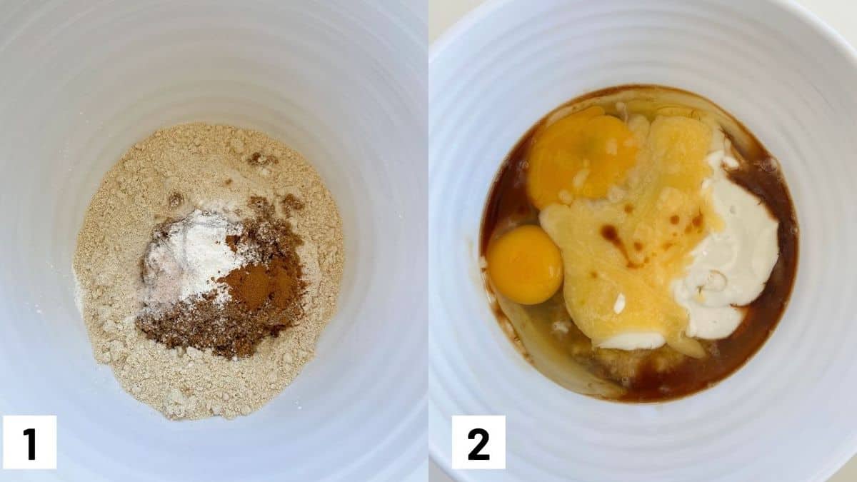 Two side by side images showing how to make the dry and wet batter. 