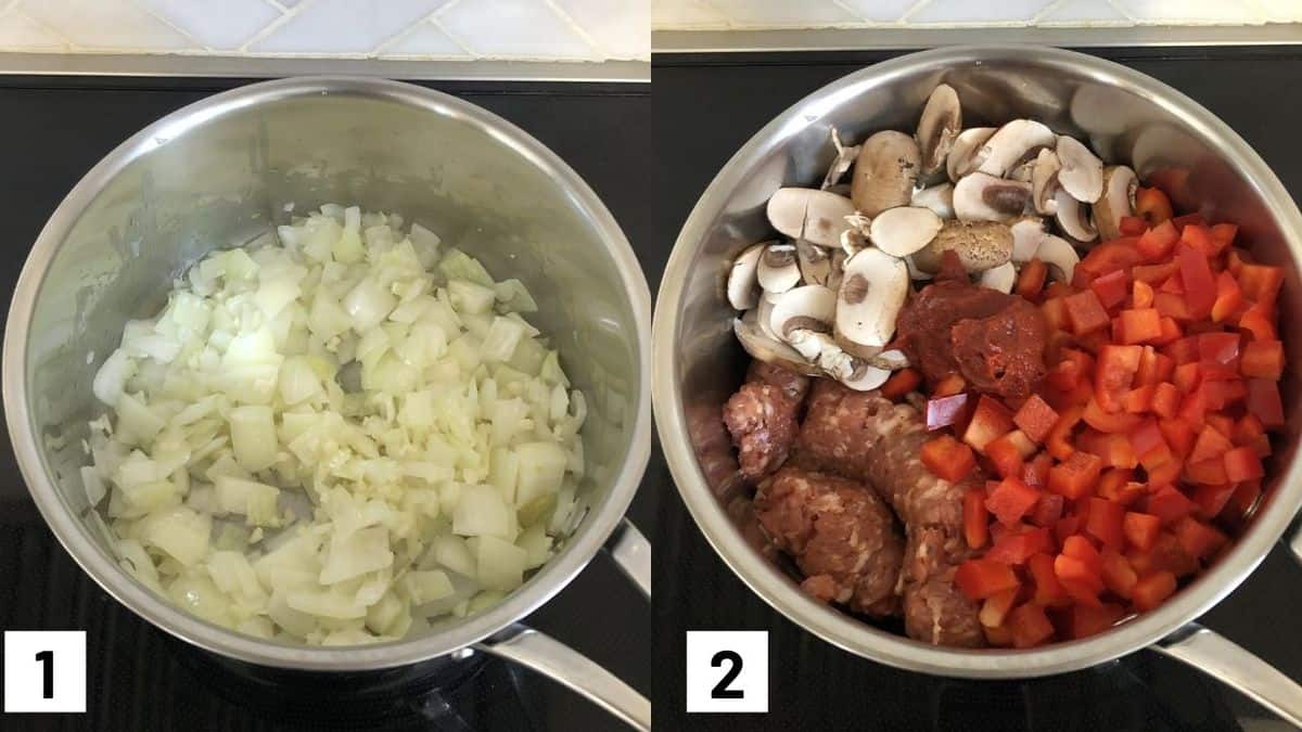 Two side by side images showing how to cook onion and garlic in a sauce pot, and later adding in the sausage, mushroom, bell peppers, and tomato paste.
