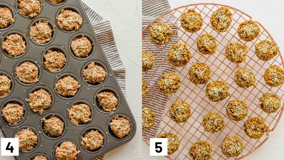 Two side by side images showing the muffin batter in a muffin tray and baked muffins cooling on a cooling rack. 