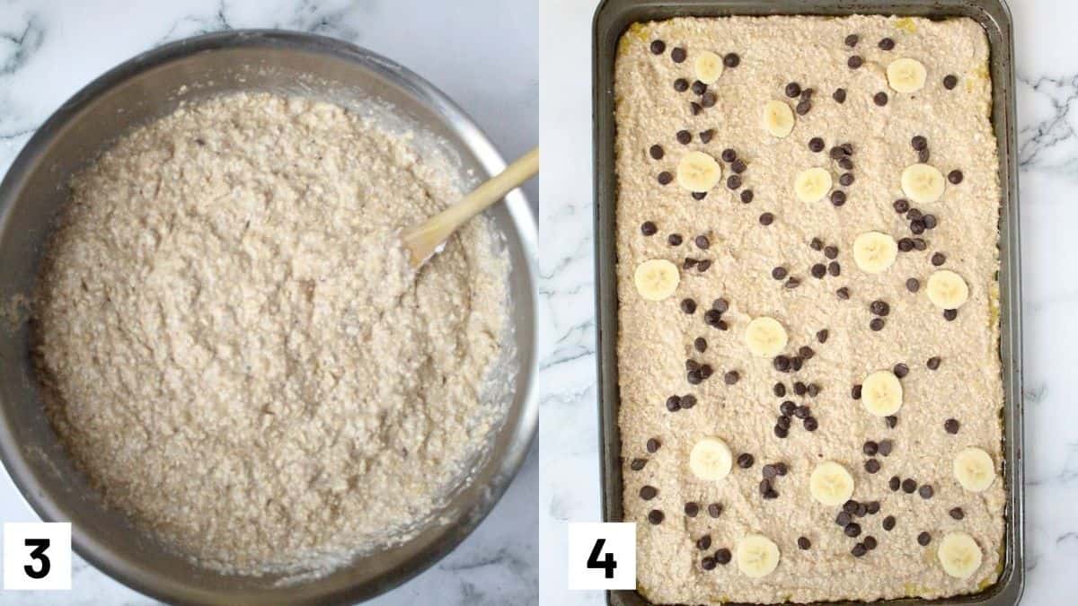 Two side by side images showing final pancake batter and prepared sheet pan prior to being heated in the oven. 