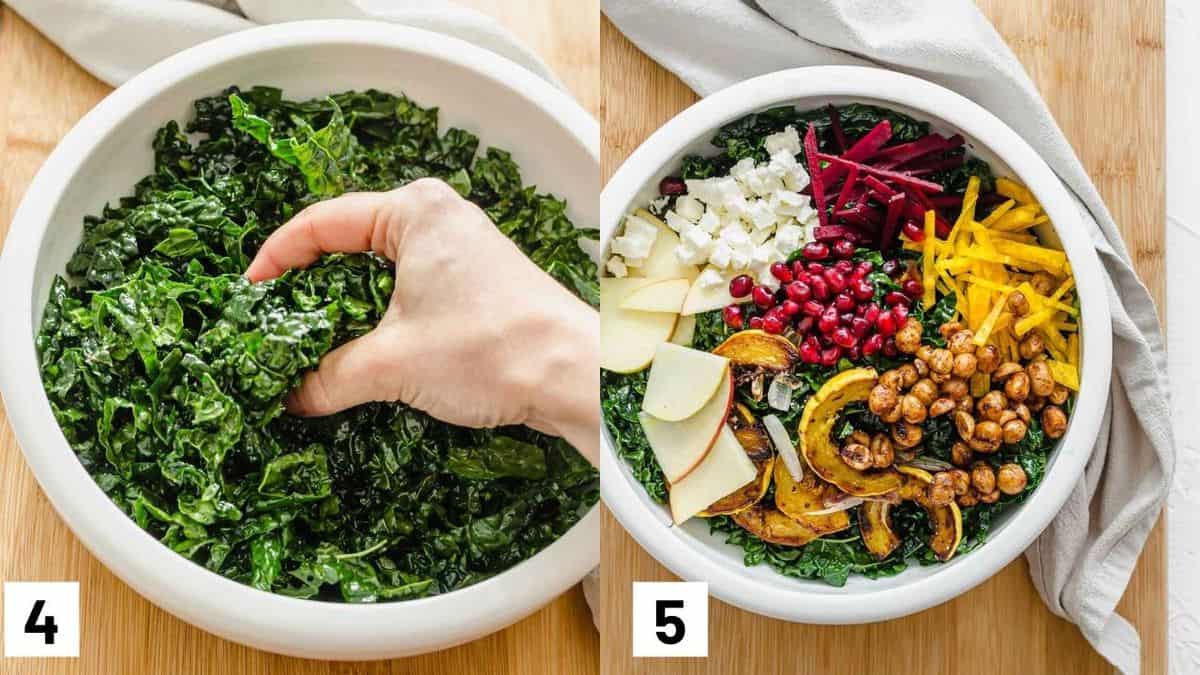 Two side by side images showing how to massage kale and adding salad ingredients. 