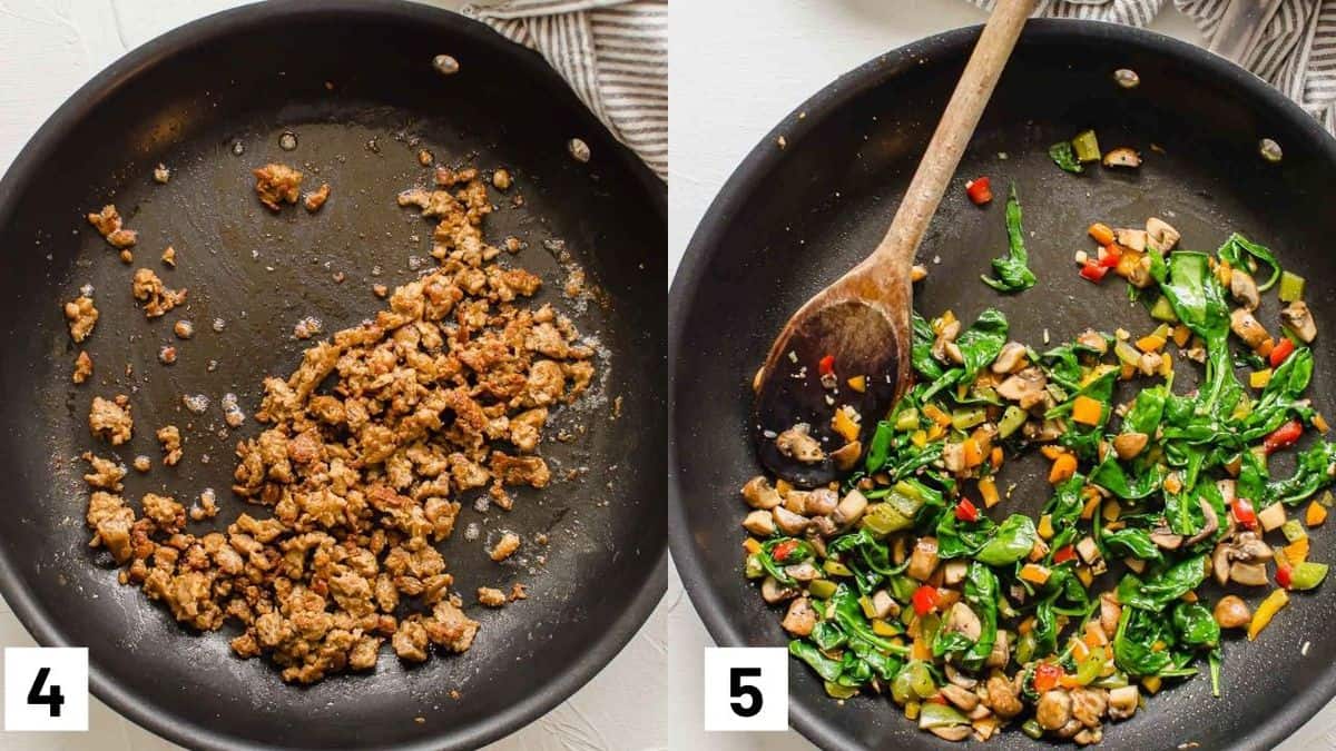 Two side by side images showing how to prepare the sausage and vegetables. 