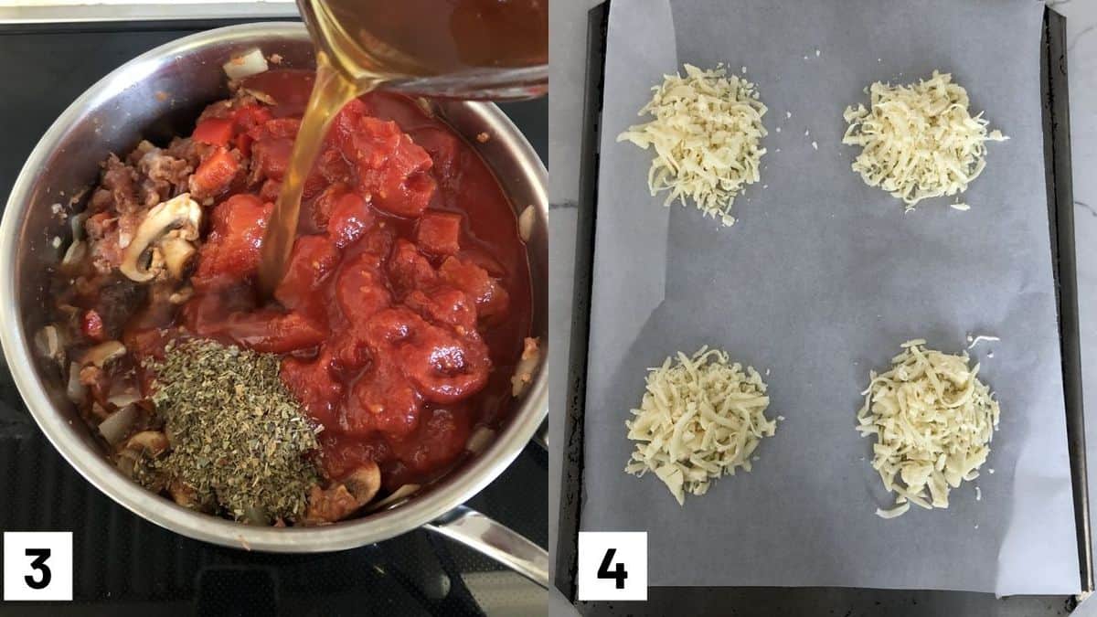 Two side by side images showing the broth and oregano being added to the sauce pot, along with how to broil the cheese on a baking sheet. 