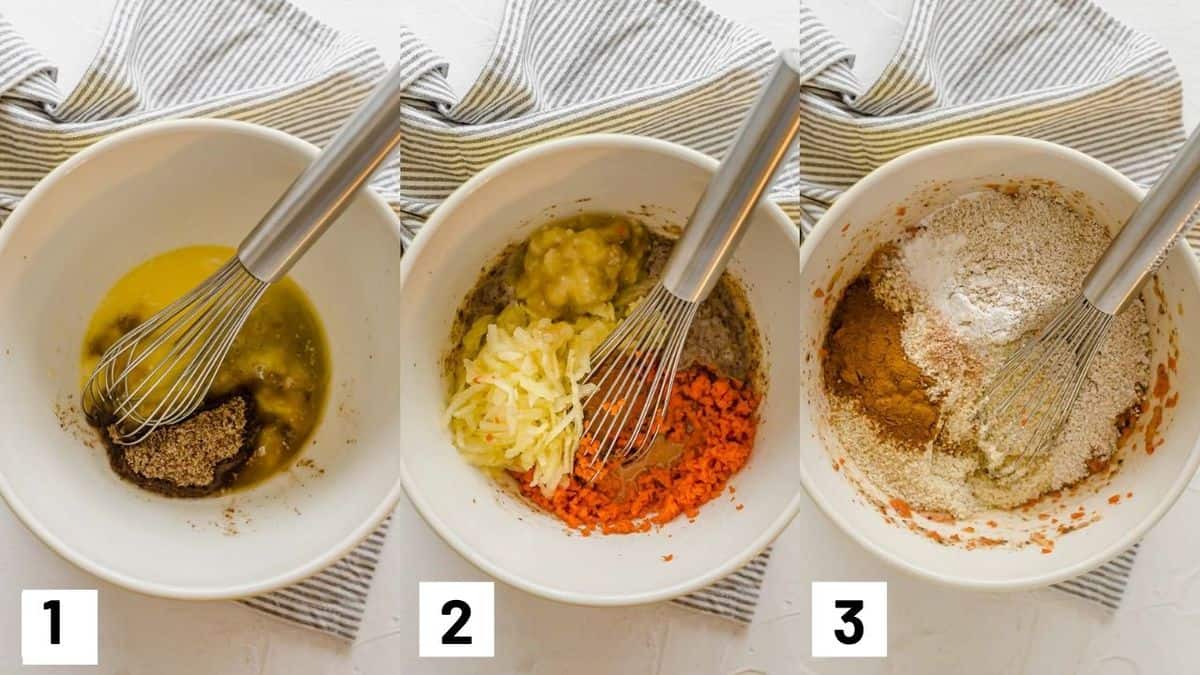 Three side by side images showing how to make muffin batter by combining dry and wet ingredients.