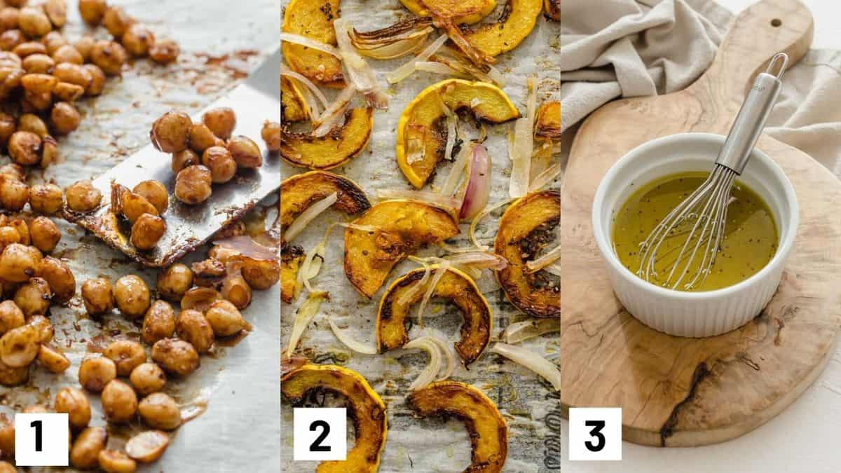 Three side by side images showing how to prepare the hazelnuts, squash, and dressing. 