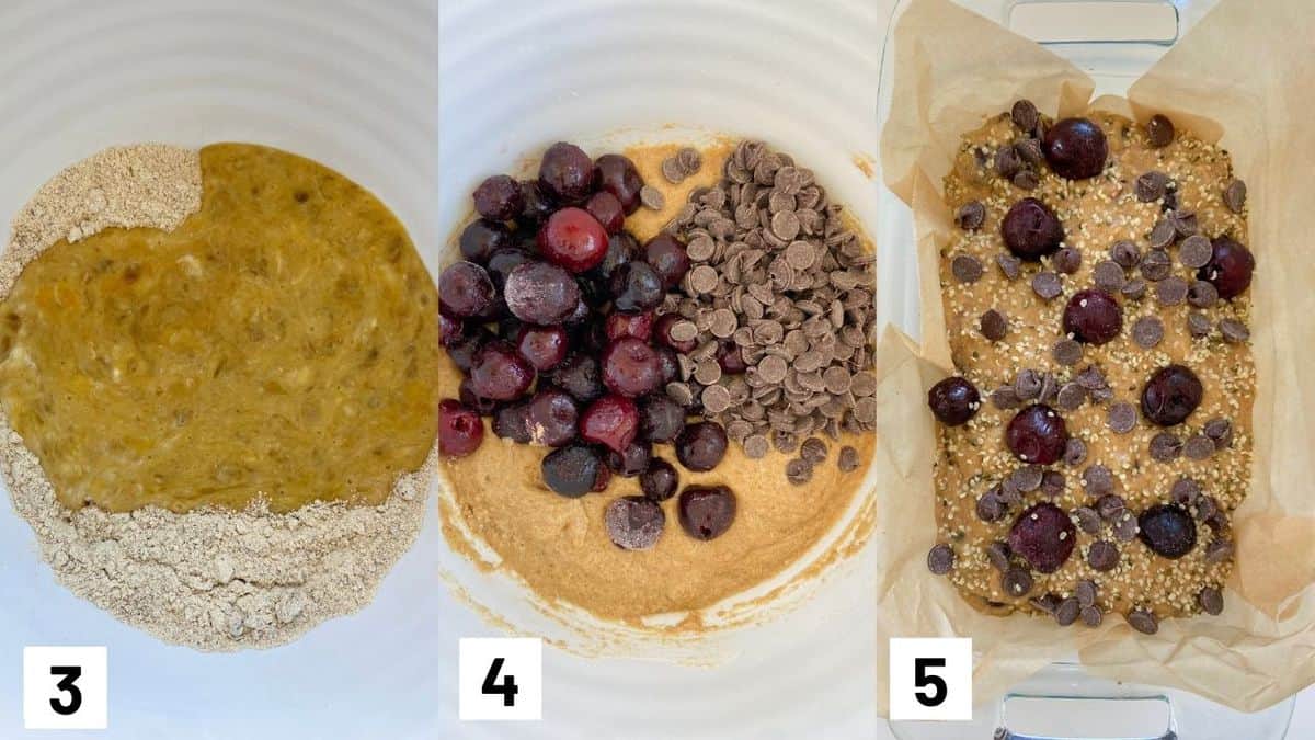 Three side by side images showing how to combine the wet and dry batter, adding in cherries and dark chocolate, and pouring into prepared loaf pan. 