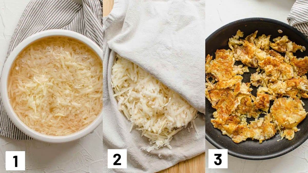 Three side by side images showing how to prepare and cook the shredded potato. 