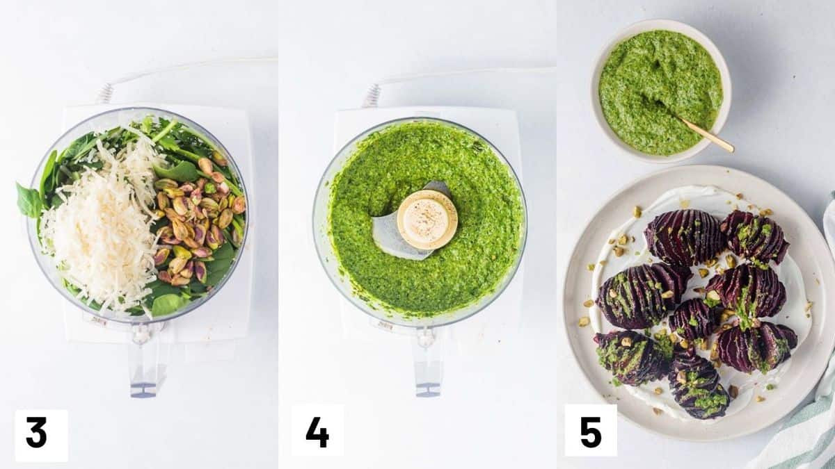 Three side by side images showing how to prepare pistachio and garnish the beets. 