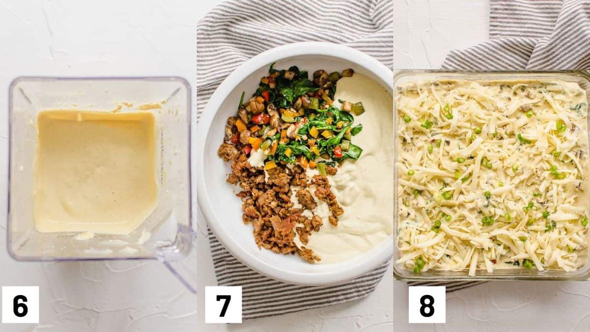 Three side by side images showing how to prepare wet mixture, combining with cooked ingredients, and layering in a casserole dish. 