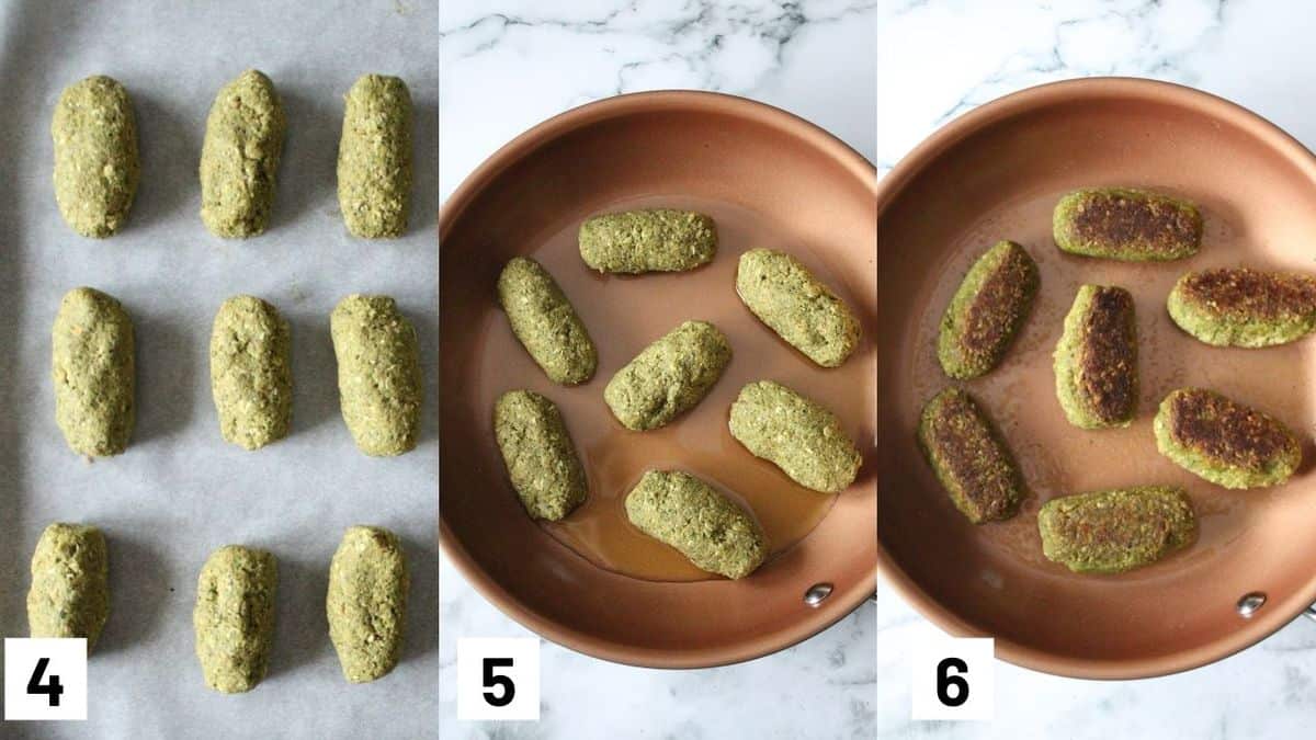 Three side by side images showing how to shape the lentil fingers and pan frying them. 