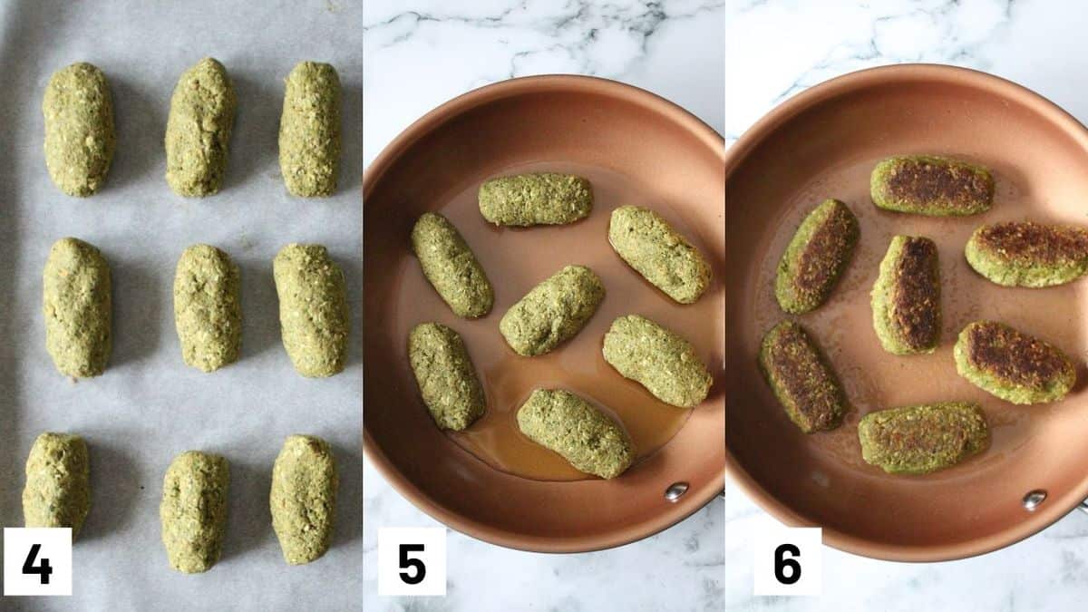 Three side by side images showing how to shape the lentil fingers and pan frying them.