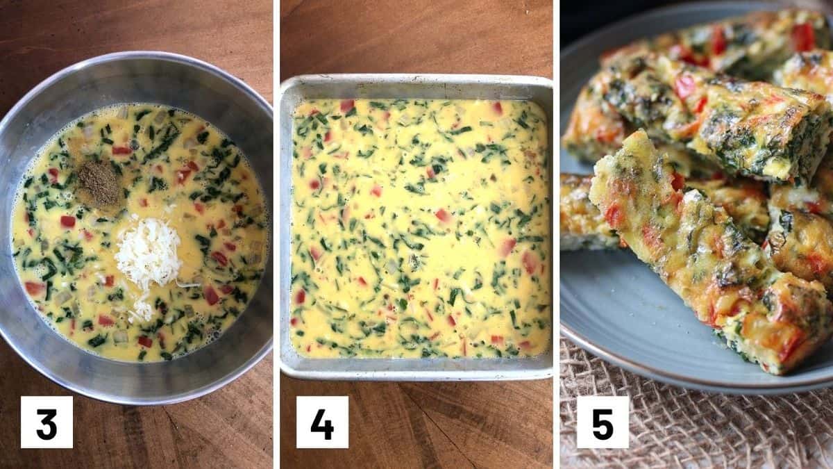 Set of 3 photos showing vegetables mixed with beaten eggs, added to the baking pan, and then baked.