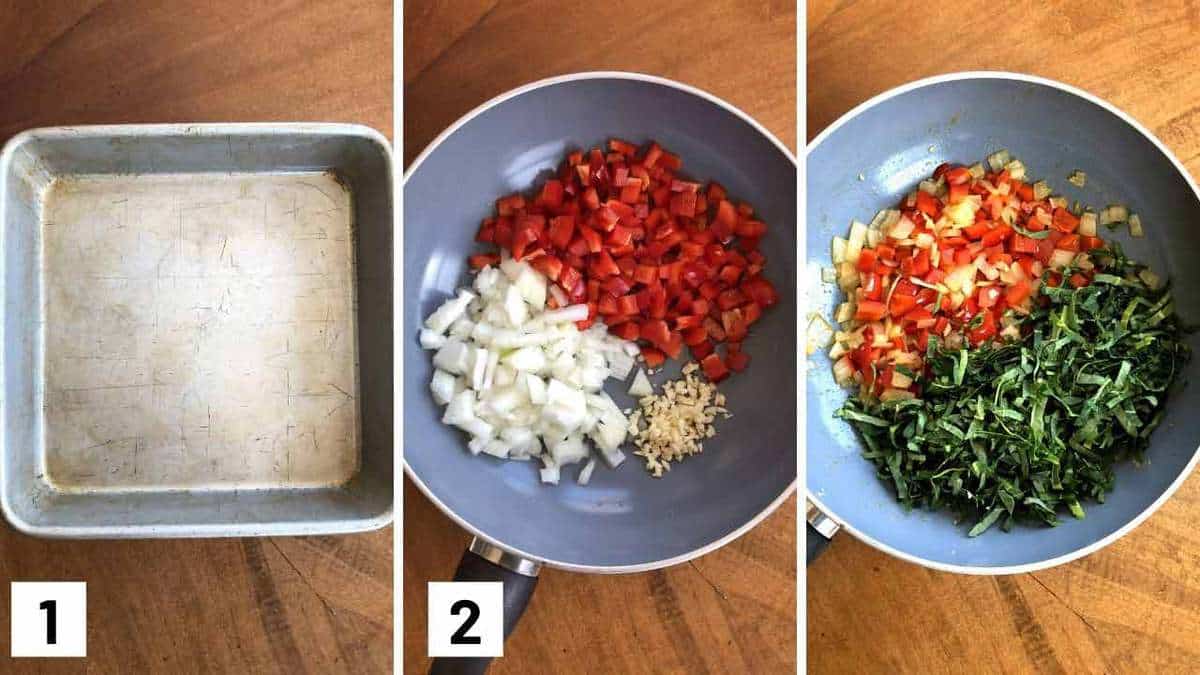 Set of 3 photos showing a greased pan, a pan with onions, peppers, and garlic, and then greens added to the pan.