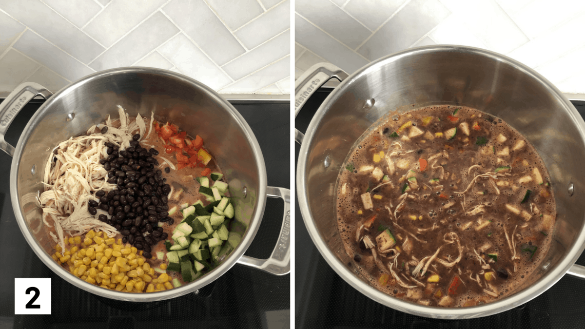 Set of two photos showing beans, chicken, corn, zucchini, and bell peppers added to the pot and then simmered.