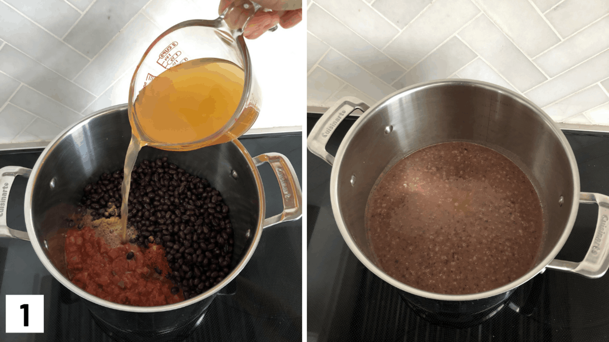 Set of two photos showing beans, tomatoes, and broth added to a pot and blended.