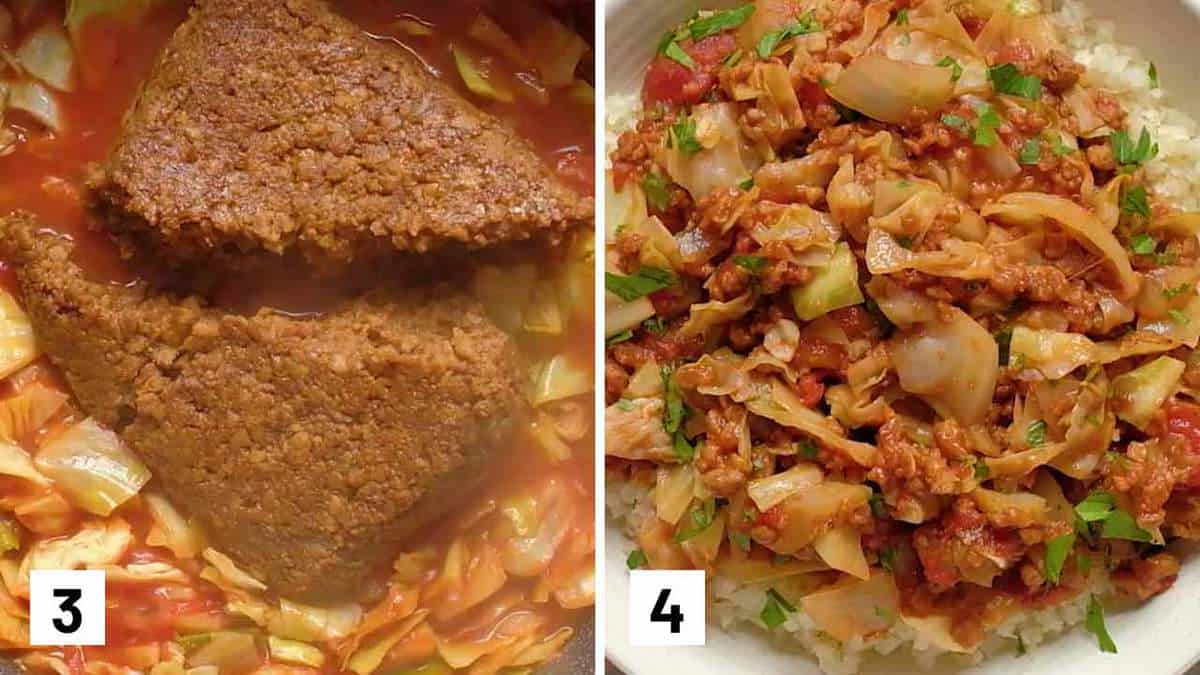 Set of 2 photos showing veggie ground added to the pan and unstuffed cabbage served over cauliflower rice.