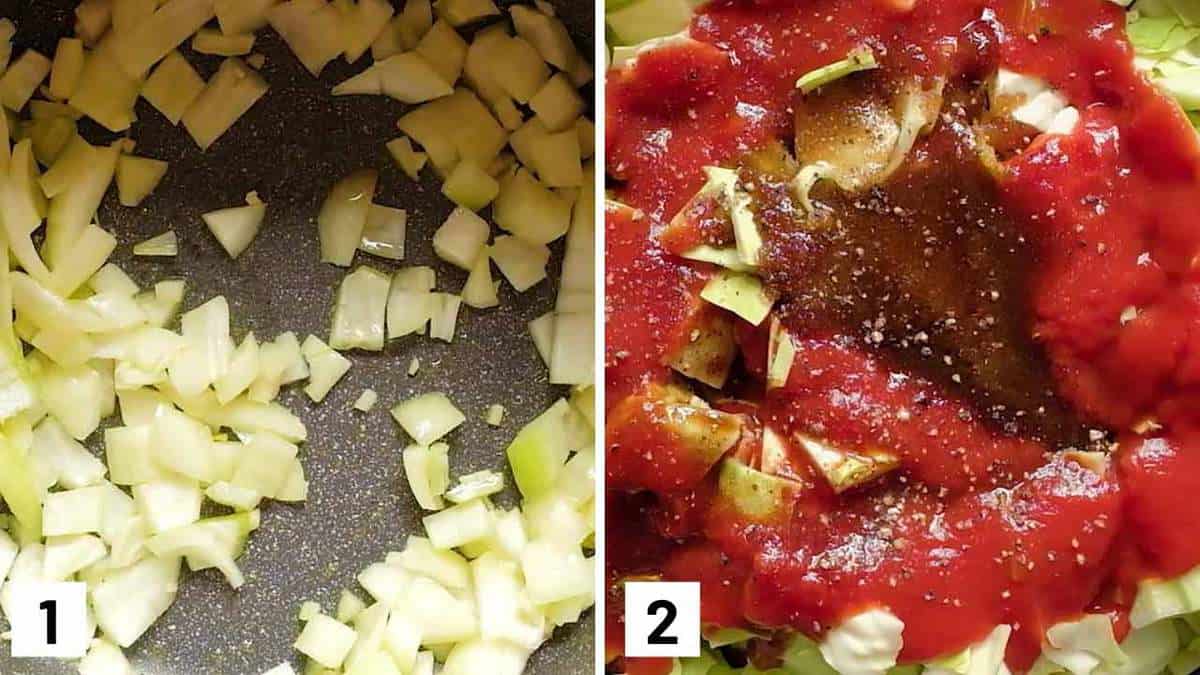 Set of two photos showing onion and garlic being sautéed and tomatoes, cabbage, tomato sauce, brown sugar, vinegar added to the pot.