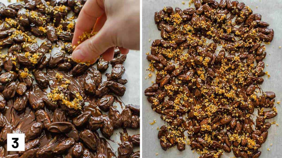 Set of two photos photos, sprinkling orange zest on chocolate covered almonds and them set after freezing.