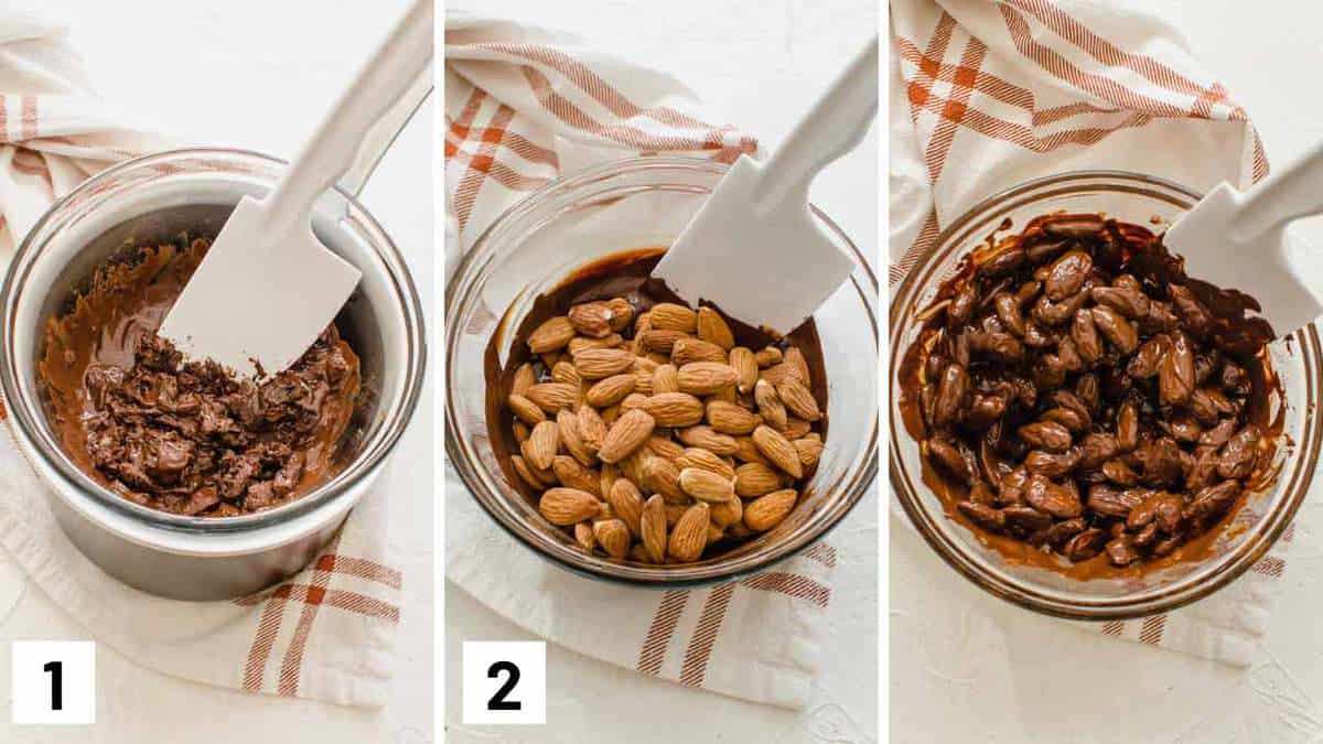 Set of three instructional photos showing how to melt chocolate then covering the nuts in it.