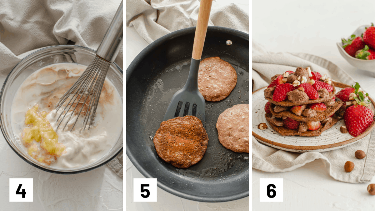 A set of three photos of pancake batter being made, pancakes on a skillet, and then a stack of three nutella pancakes.