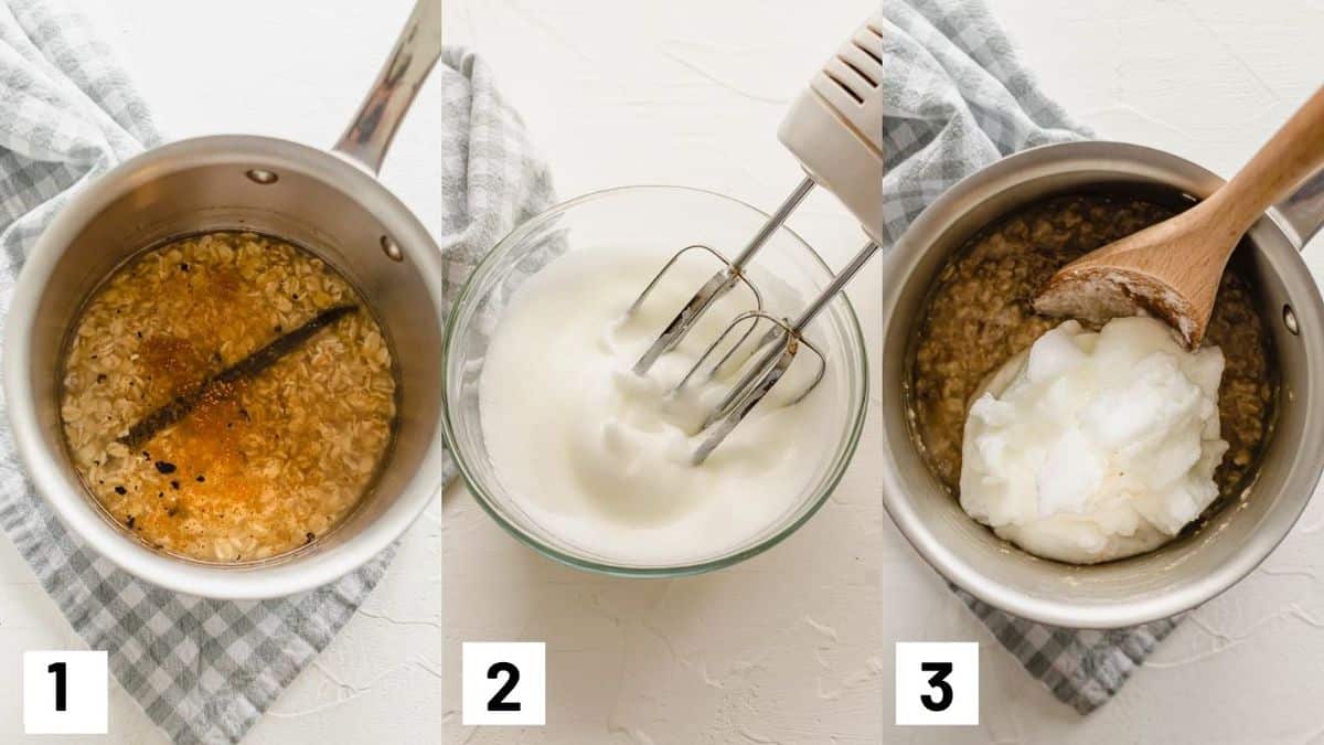 Three side by side images showing how to prepare recipes including cooking the oatmeal, whipping the egg whites, and combining together. 