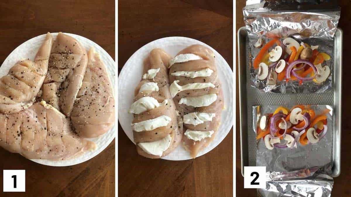 Set of three photos showing sliced and seasoned chicken breasts, stuffed with cheese, and veggies on foil on a sheet pan.
