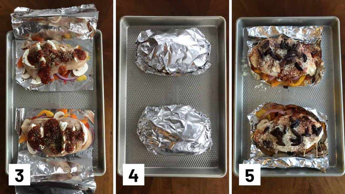 Set of three photos showing chicken placed on top of foil, wrapped up, and how it looks after it's been baked.