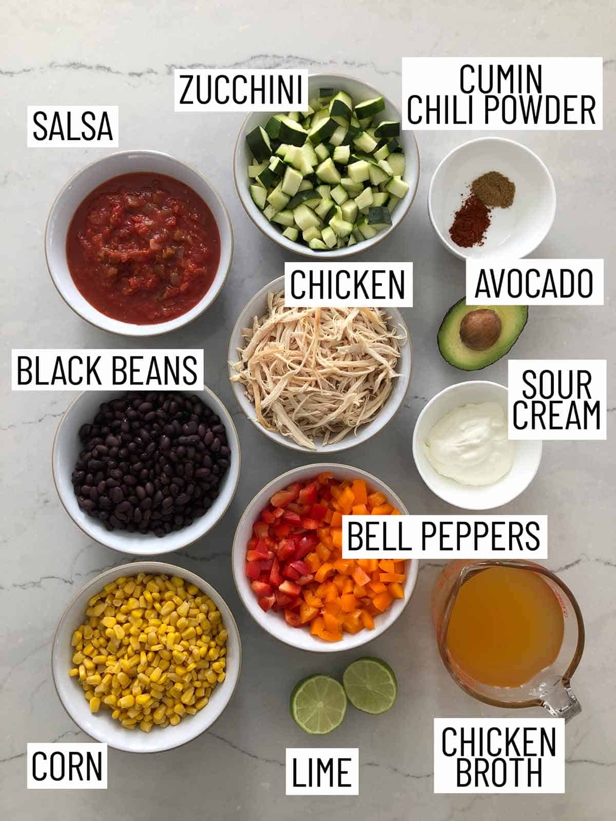 Overhead view of ingredients needed for tortilla soup.