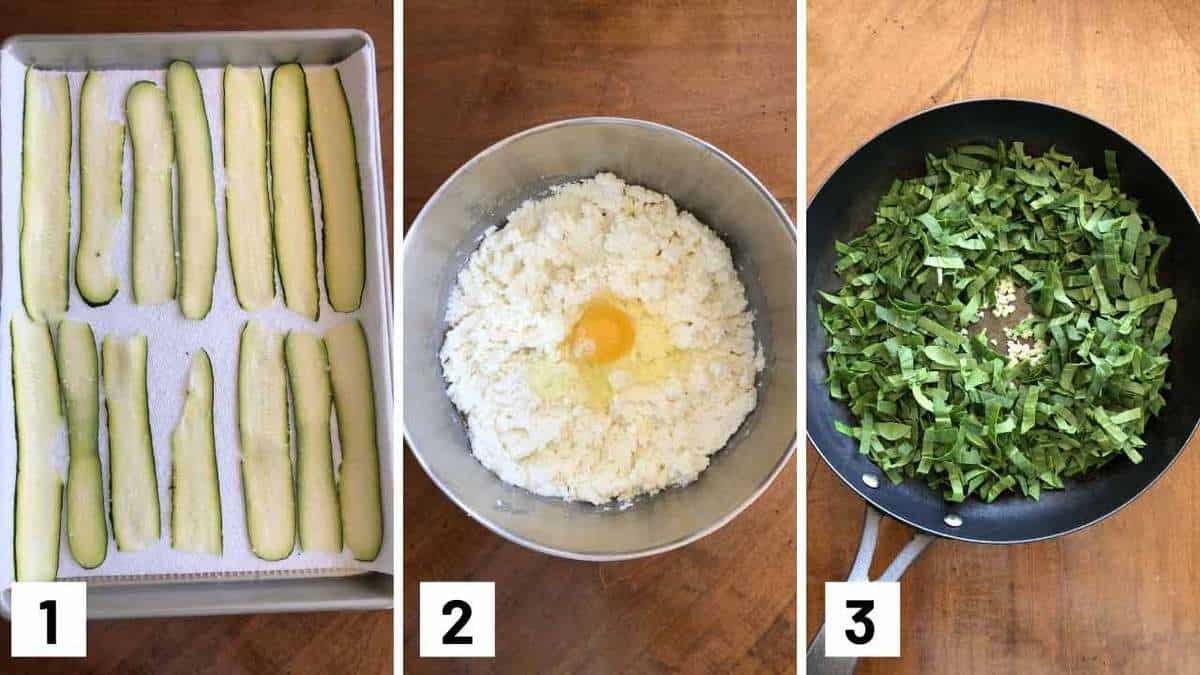 Set of three photos showing zucchini slices on a sheet pan, mixing cheese with egg, and sauteing spinach and garlic.