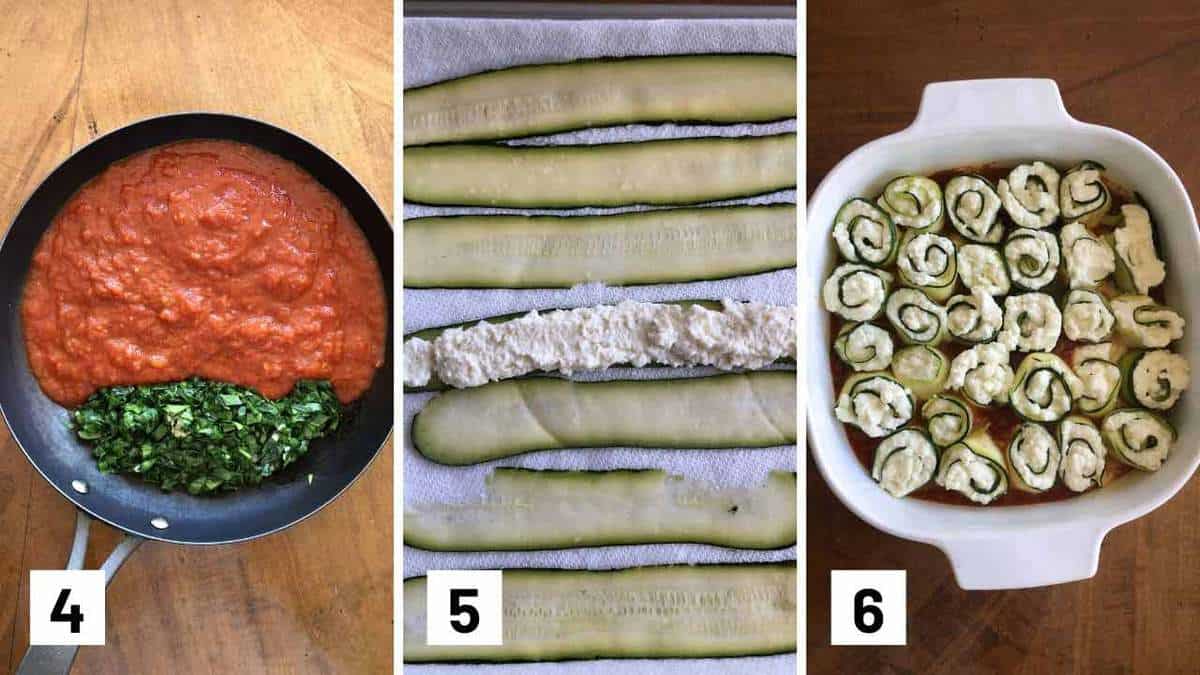 Set of 3 photos showing marinara added to the pan of spinach, spreading the cheese mixture onto zucchini slices, and then rolling them up into a pan.