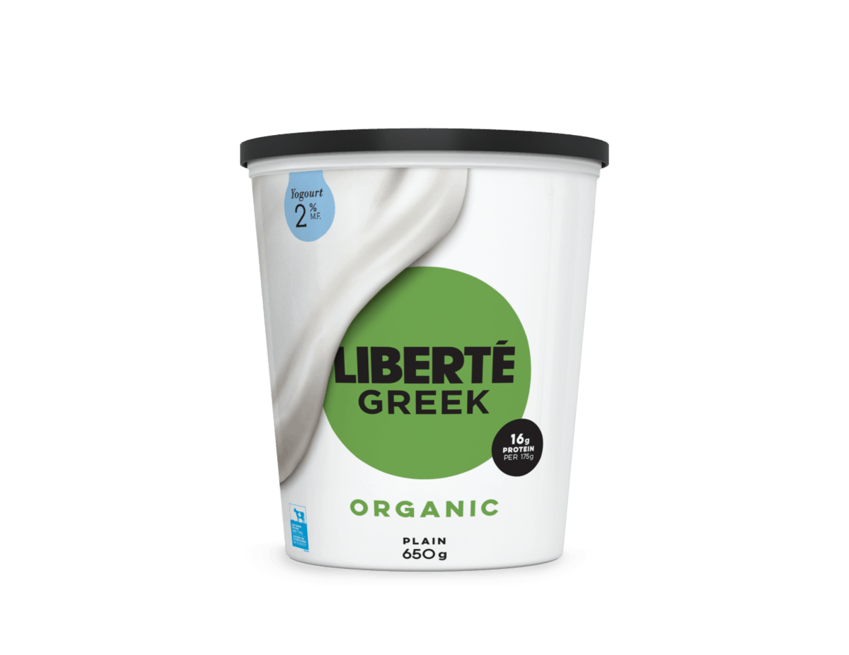 A container of Liberté Organic Greek yogurt. 