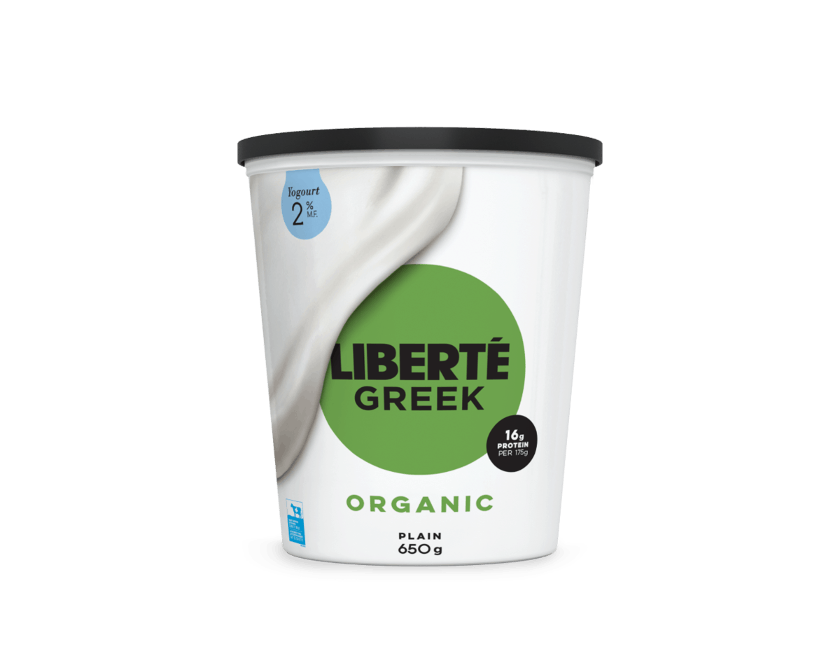 A container of Liberté Organic Greek yogurt.