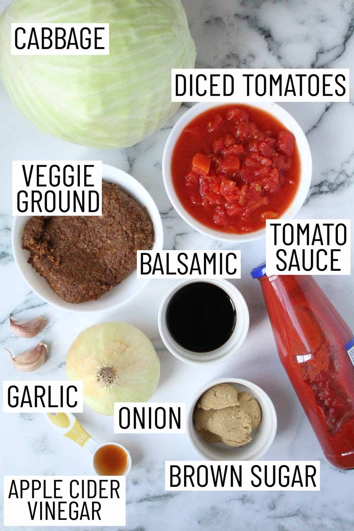 Overhead image of ingredients for cabbage roll in a bowl.