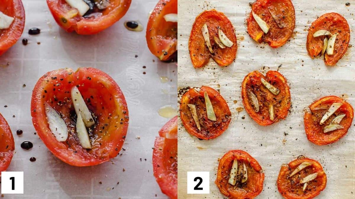 Two side by side images showing how to roast the tomatoes with garlic, balsamic vinegar, and pepper.