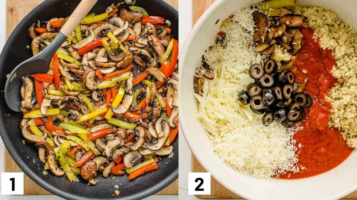 Two side by side images showing how to sautee the vegetables and combine with remainder of ingredients. 