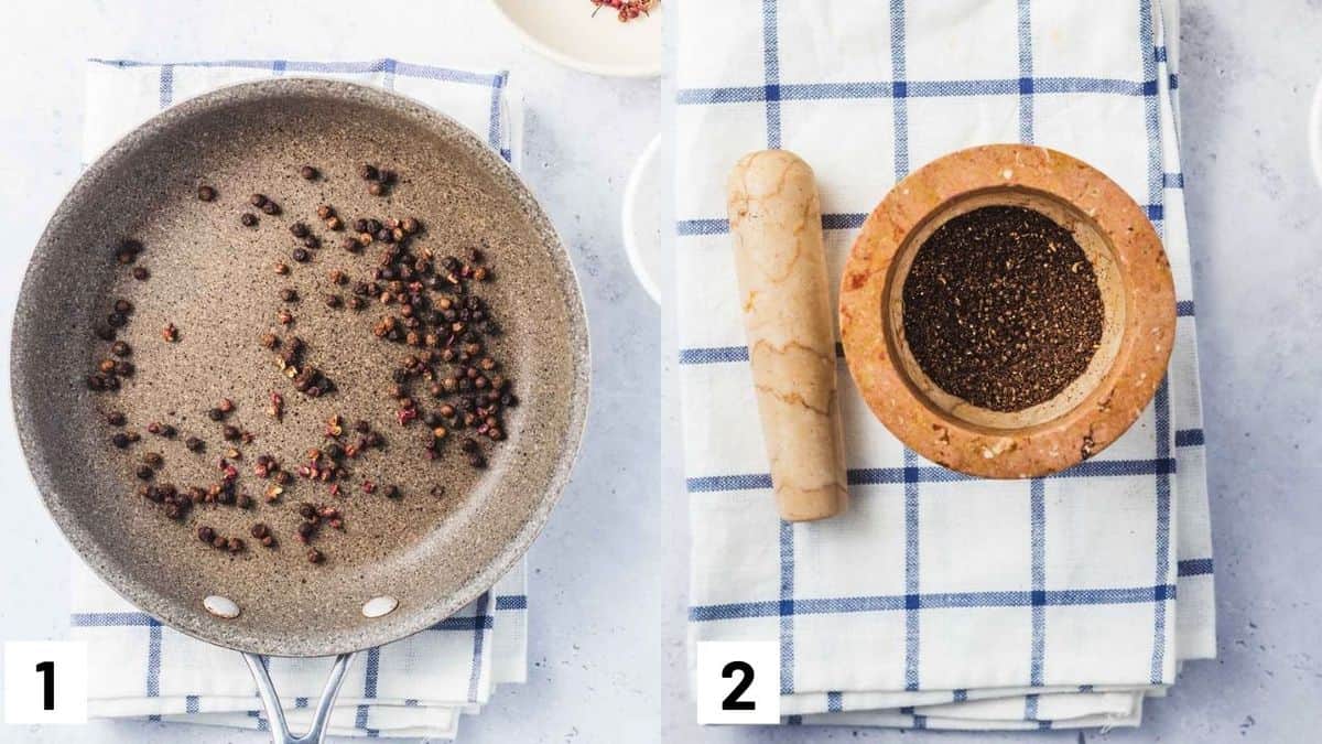 Two side by side images showing how to toast and grind the black and Szechuan peppercorns. 