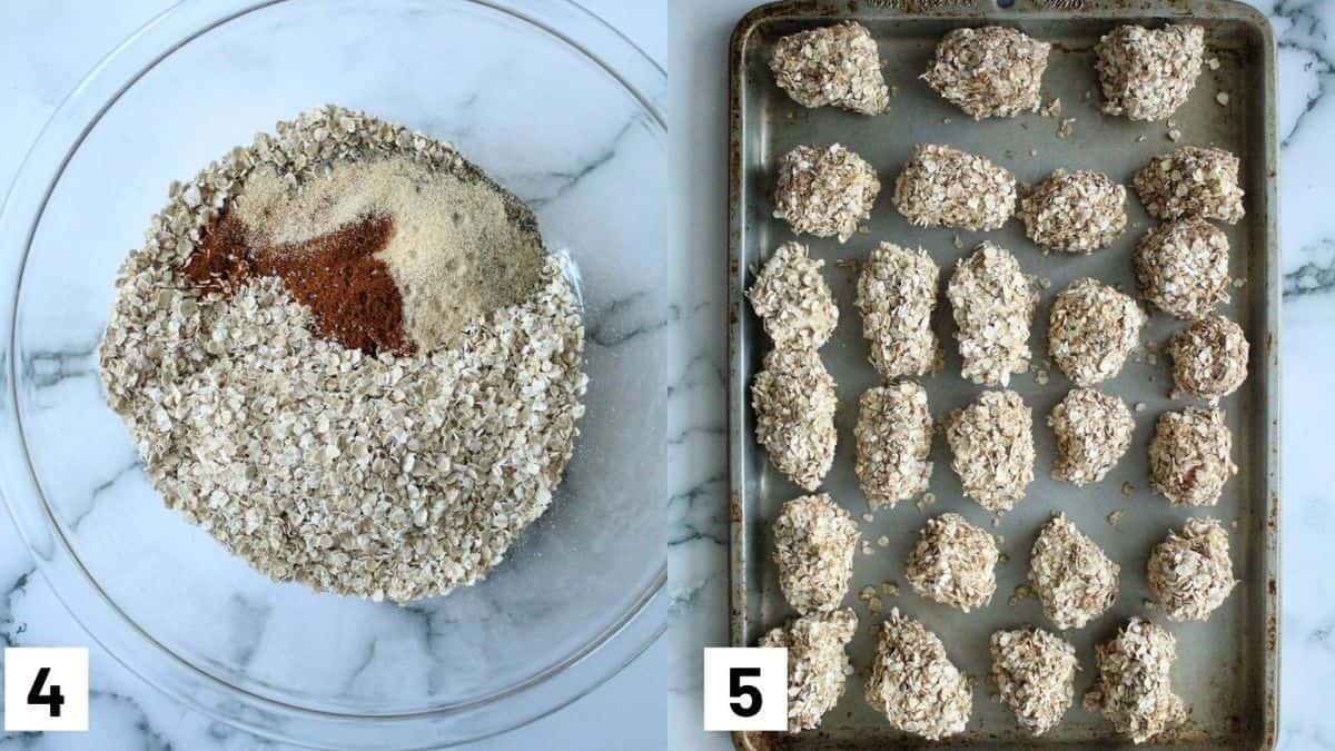 Two side by side images showing how to prepare the dry batter and the prepared baking sheet prior to being heated in the oven. 