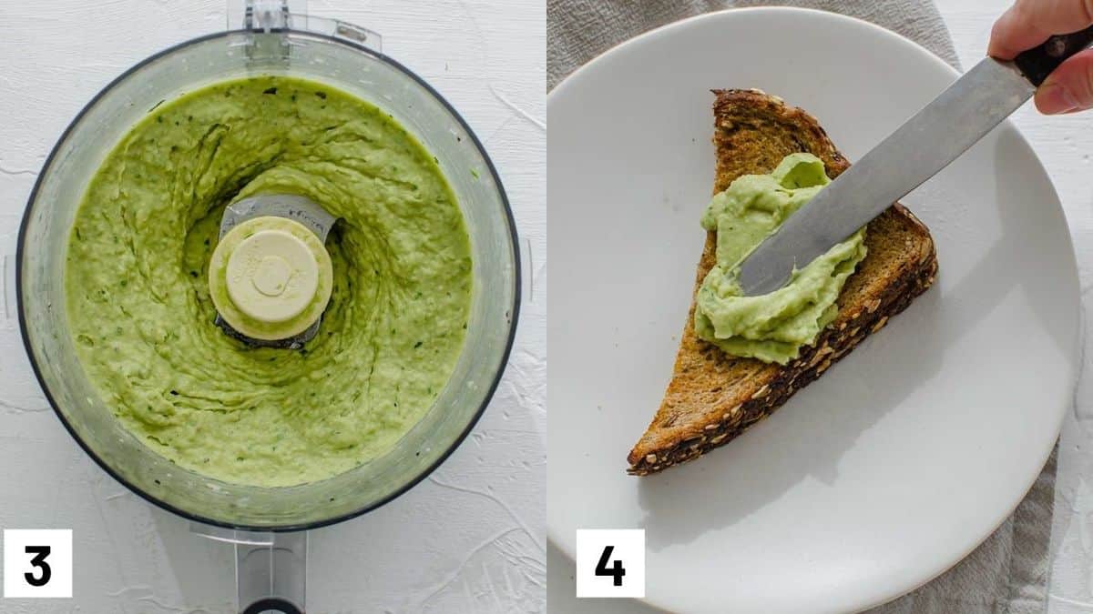 Two side by side images showing how to prepare the mixture in the food processor and spreading onto a piece of toast. 