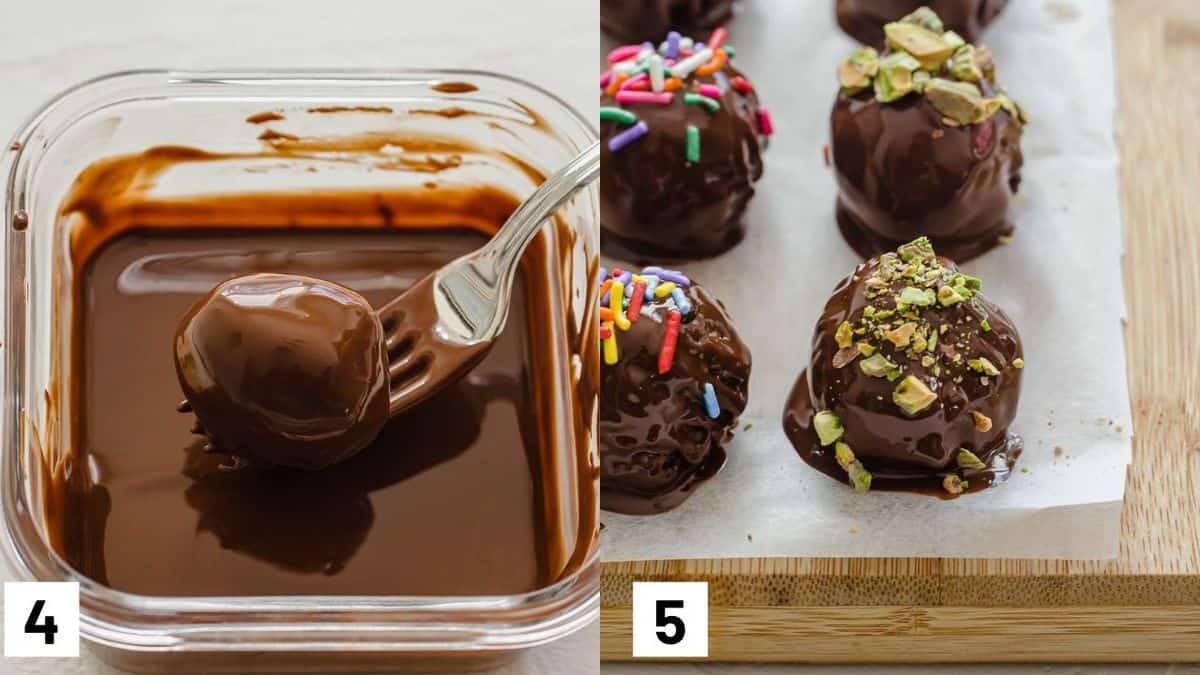 Two side by side images showing how to coat balls in chocolate and sprinkling with toppings.