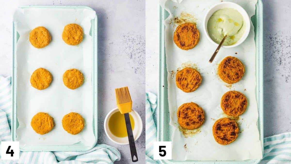 Two side by side images showing how to shape the patties and baking on a baking tray with the avocado sauce on the side. 