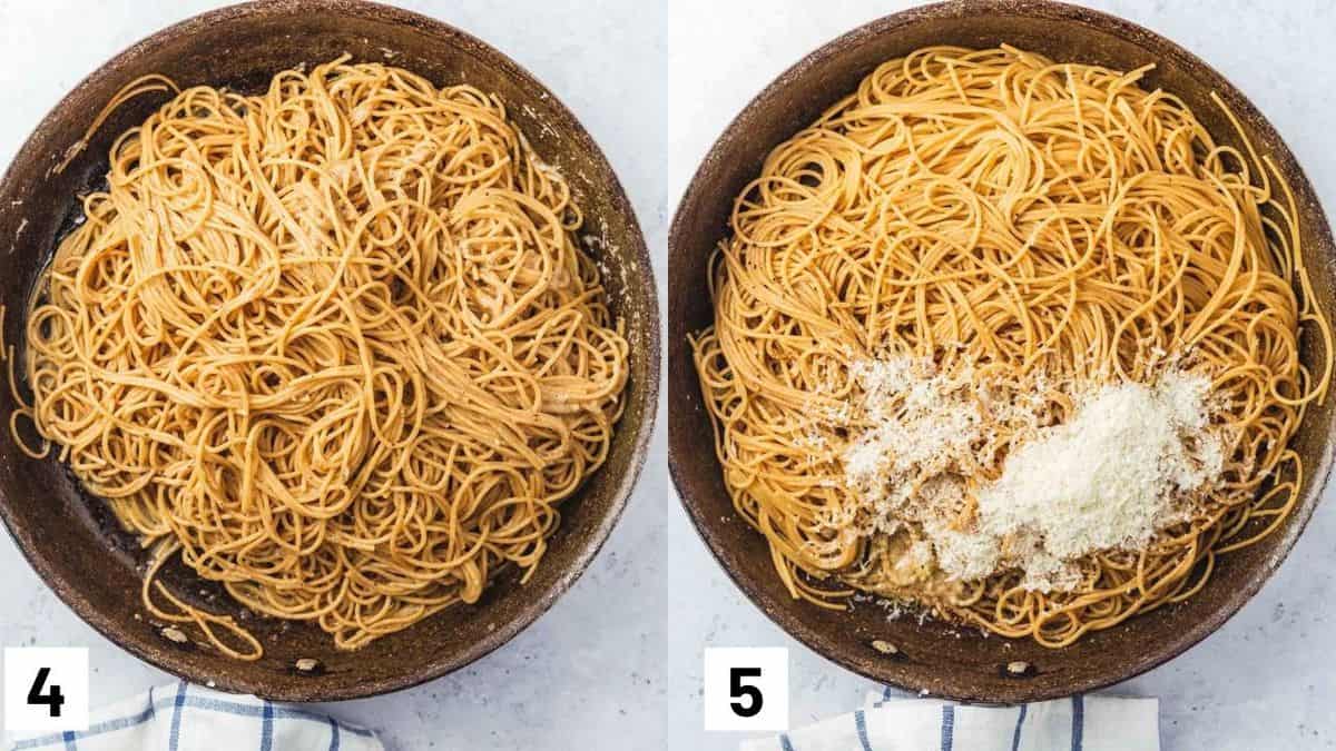 Two side by side images showing how to combine the pasta with the sauce and cheese. 