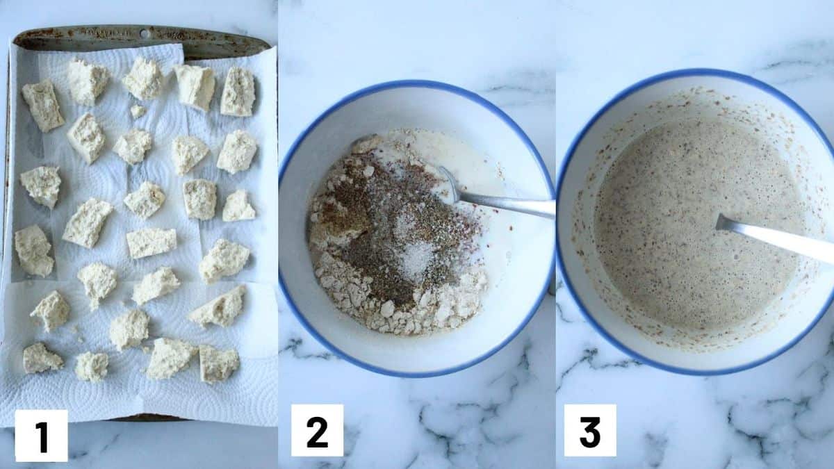 Three side by side images showing how to break up tofu into nugget shapes, and how to prepare the wet batter.