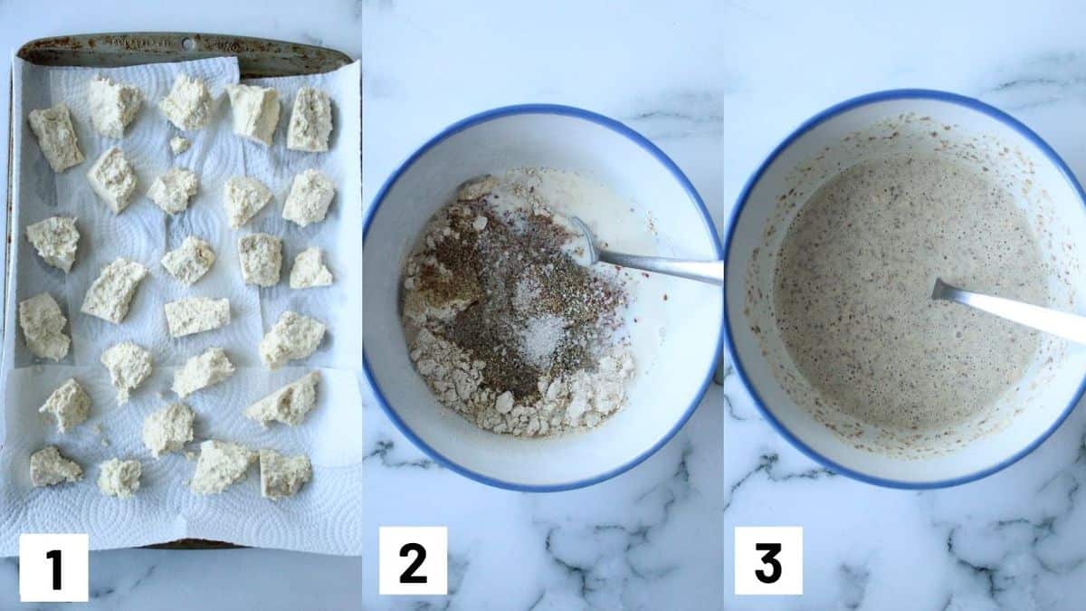 Three side by side images showing how to break up tofu into nugget shapes, and how to prepare the wet batter. 