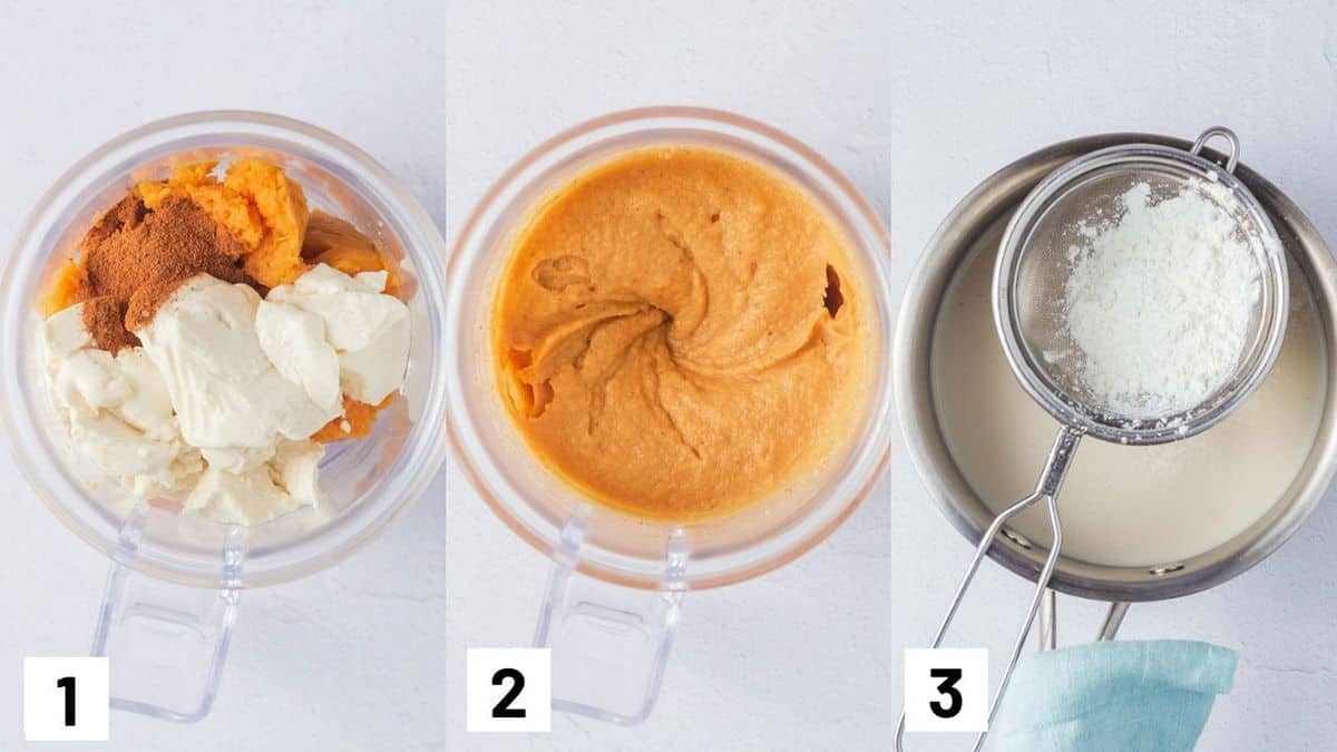 Three side by side images showing how to prepare recipe including combining ingredients in a food processor and heating up plant milk in a pan with cornstarch.