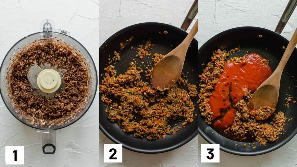 Three side by side images showing how to prepare the sandwich mixture by pulsing the mushrooms in a food processor and sauteeing ingredients in a pan. 