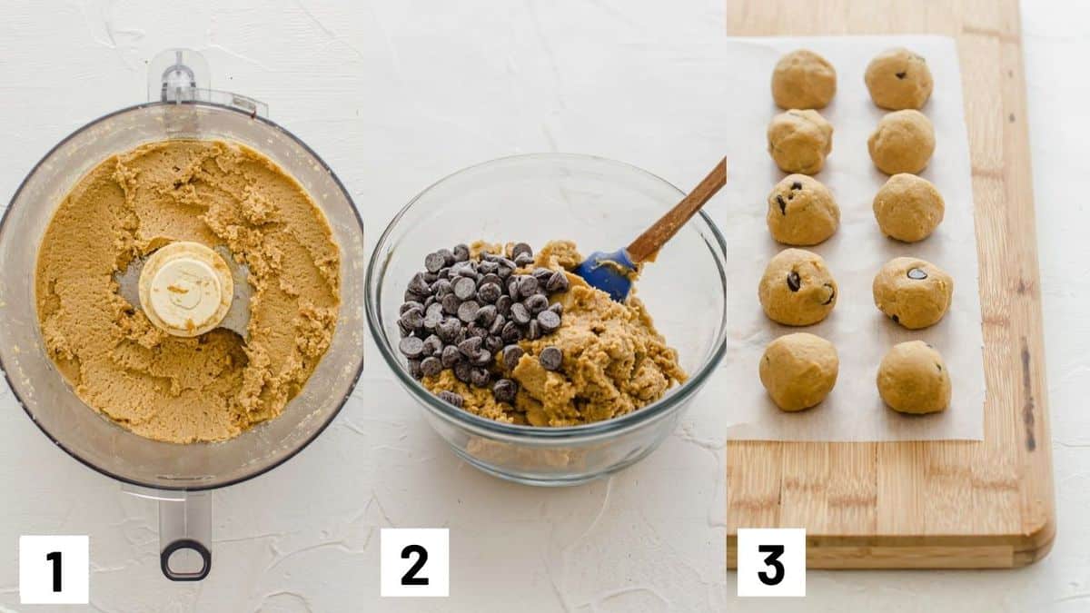 Three side by side images showing how to prepare the batter in a food processor, combining with chocolate chips, and rolling into balls.