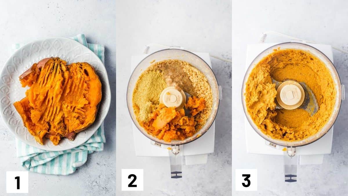 Three side by side images showing how to cook sweet potato, and adding all ingredients into a food processor until blended. 