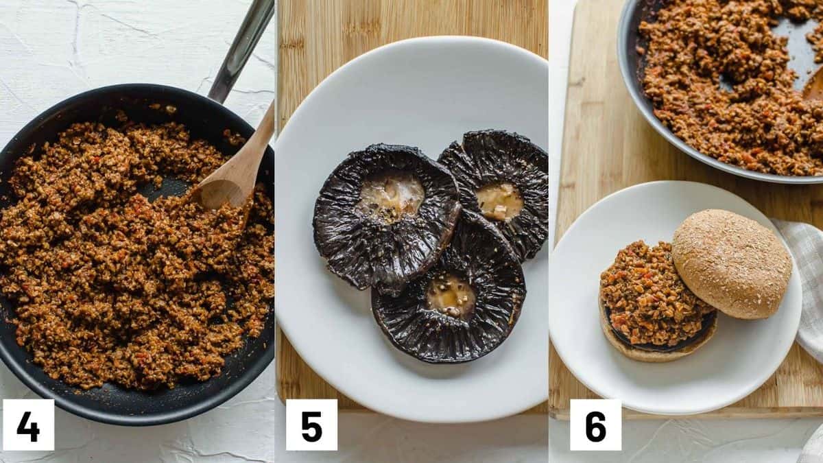 Three side by side images showing the prepared mixture along with the cooked portabello mushroom caps.
