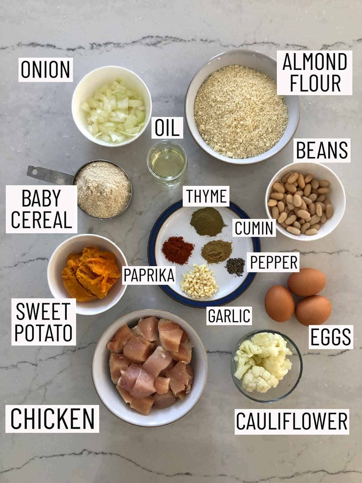 Overhead image of ingredients needed for healthy chicken nuggets.